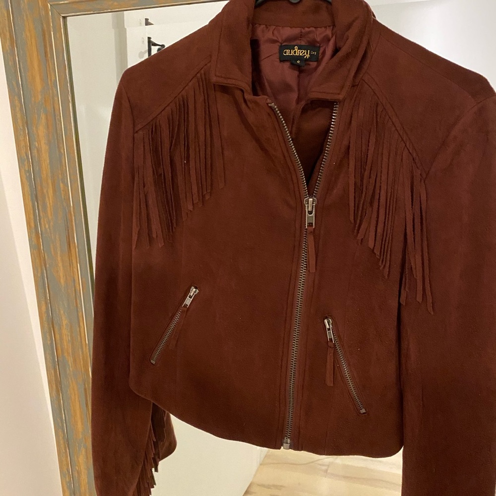 Maroon suede fringe moto jacket. Great condition